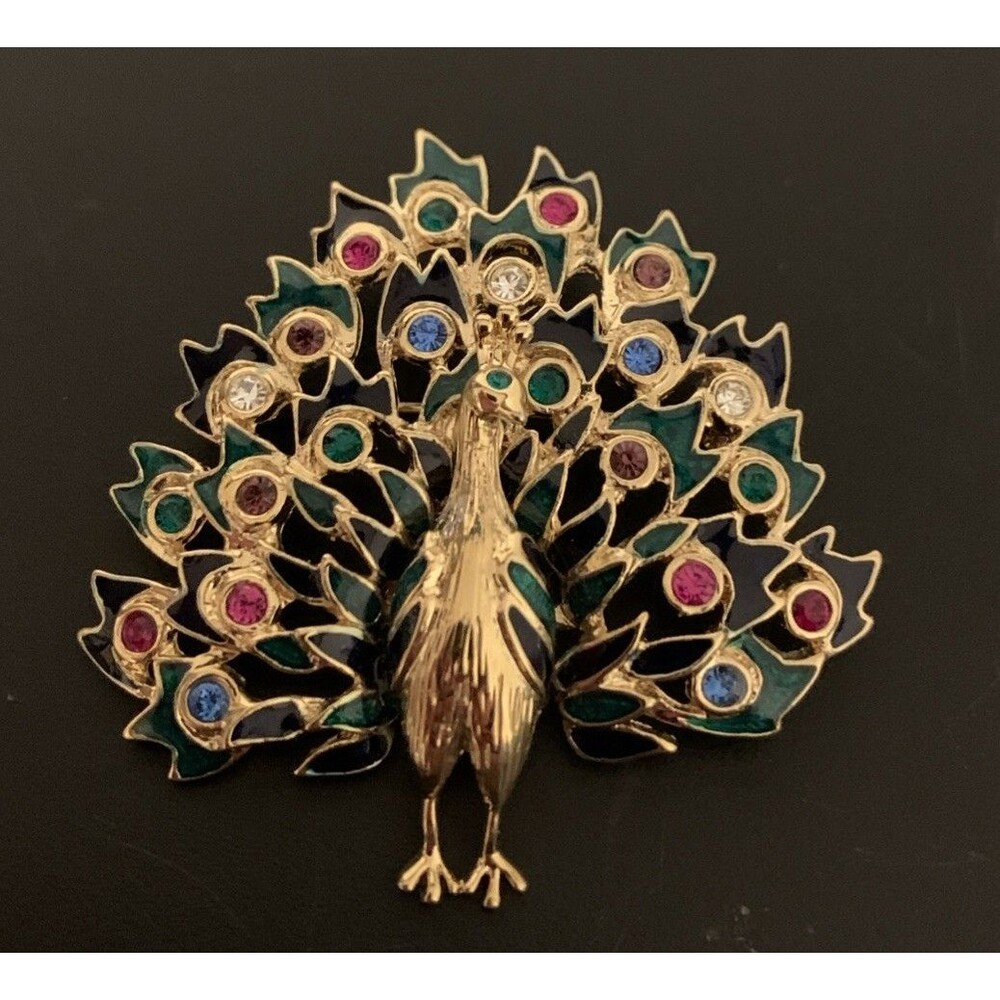 Vintage Peacock Brooch Pin Enamel & Crystals Gold Plated Colorful